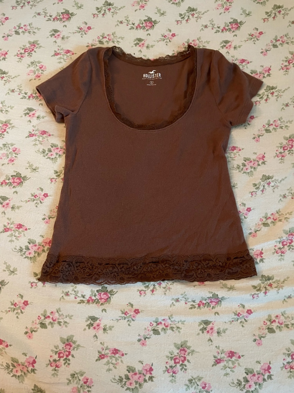 Hollister Brown Short Sleeve Lace Trim Top